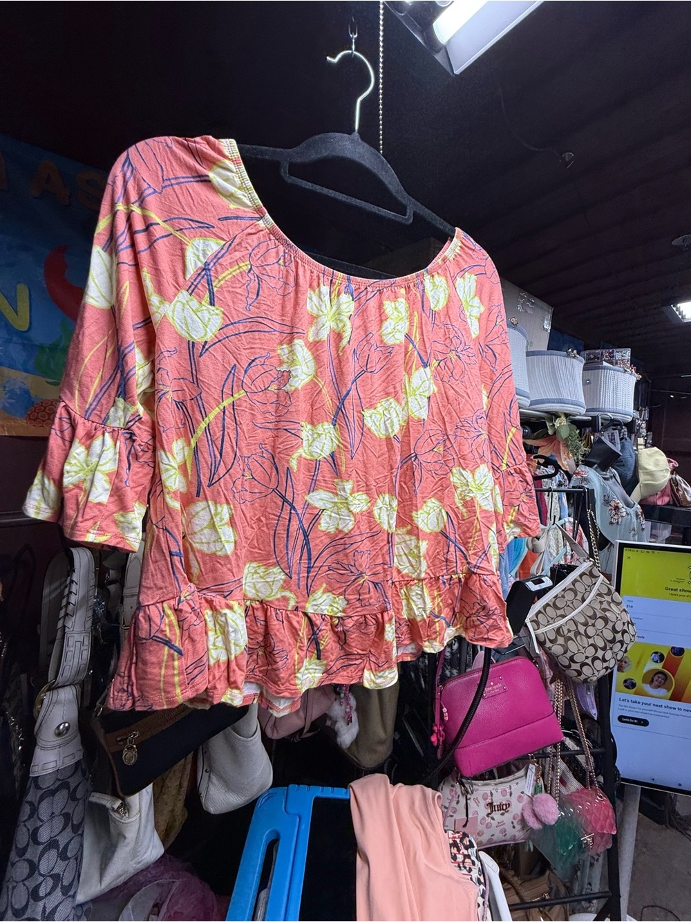 Style & Co. Coral Floral Ruffle-Hem Short Sleeve Blouse